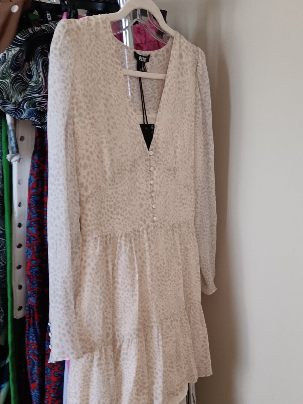 NWT PAIGE Ecru Animal Spotted Silk Long Sleeve Dress